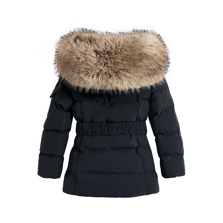 Girls Large Faux Fur Trim Hooded Coat- Black or Beige- 1 to 5 Years