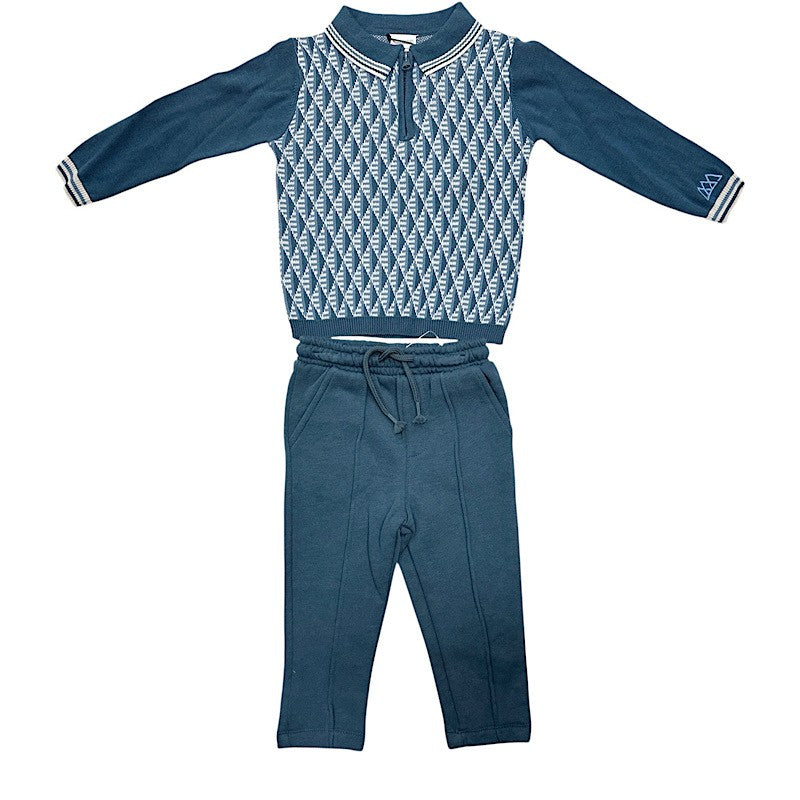 Boys Navy Two-Tone Geometric Motif Polo Shirt & Trousers- Ages 2 to 4 Years