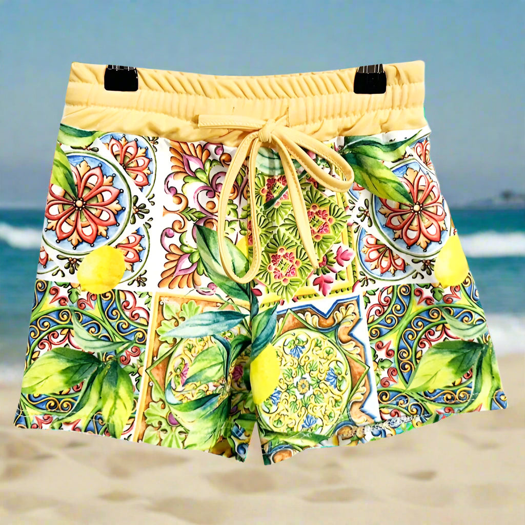 Boys Italian Styled Swimming Shorts- Multi Coloured- Large Lemon Print
