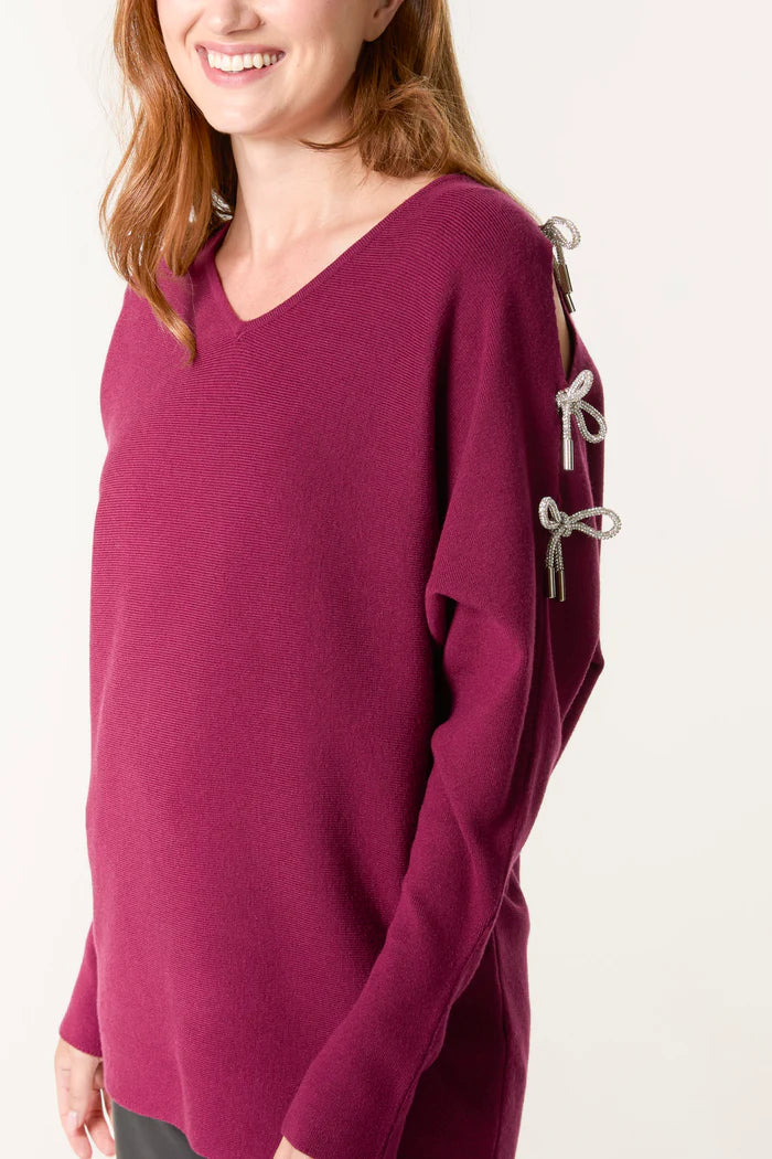 Women's Black Jumper With Crystal Bows On Cut Outs