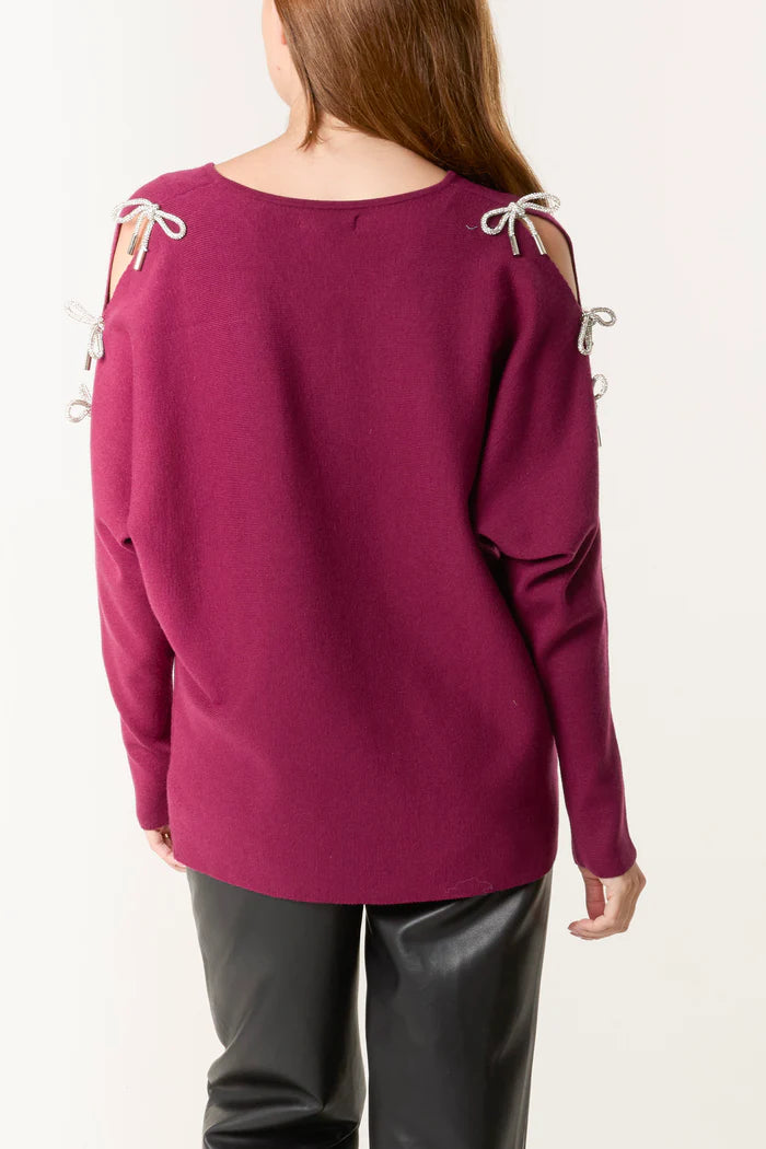 Women's Black Jumper With Crystal Bows On Cut Outs