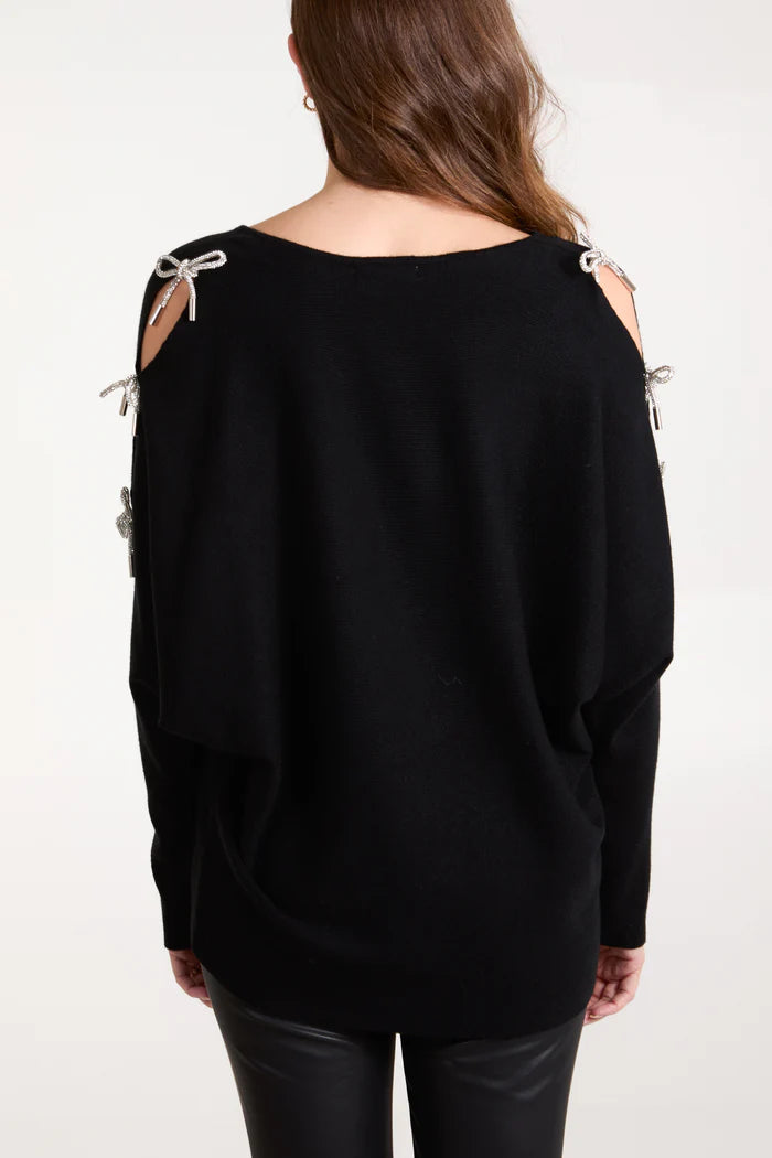 Women's Black Jumper With Crystal Bows On Cut Outs