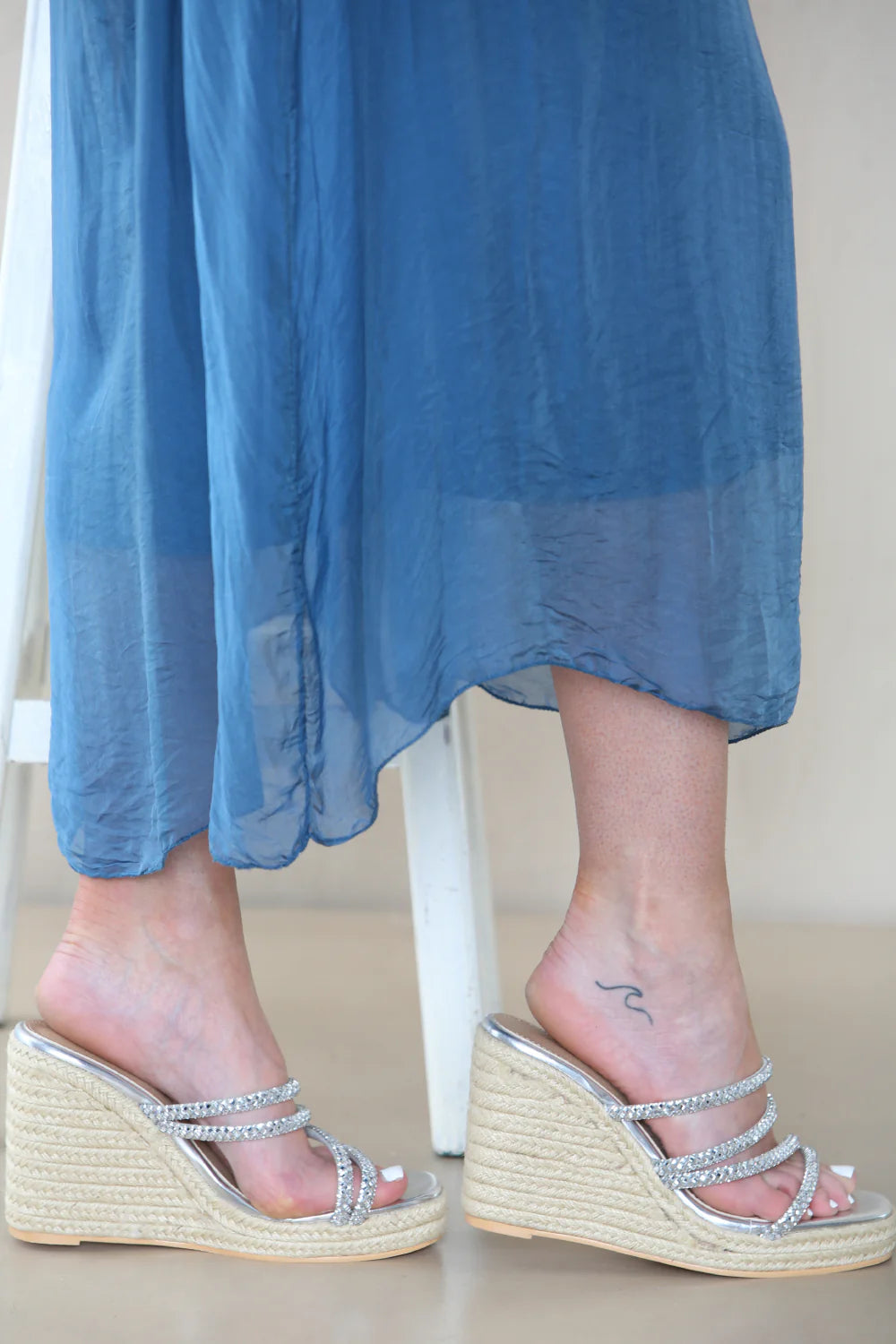 Womens Embellished Strap Espadrille Mules Silver