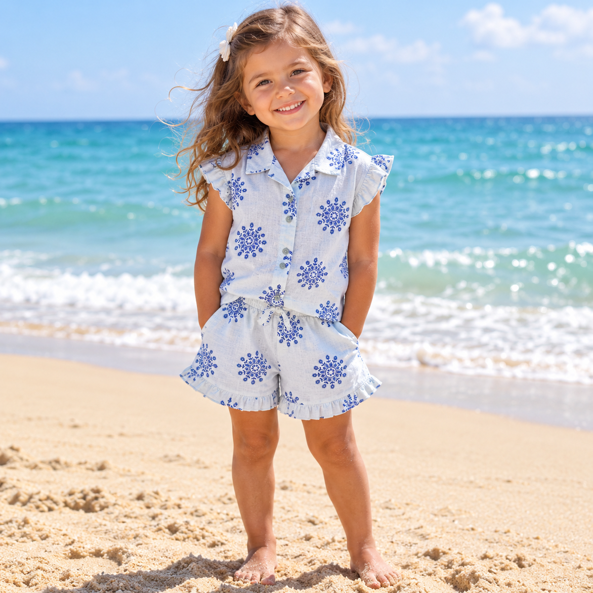 Girl's Sleeveless Top & Shorts Set- White & Blue- Ages 4 to 14