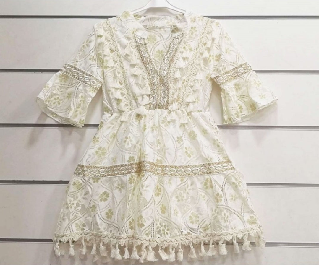Girls Boho Lined Lace Dress With Tassels & Gold Trim
