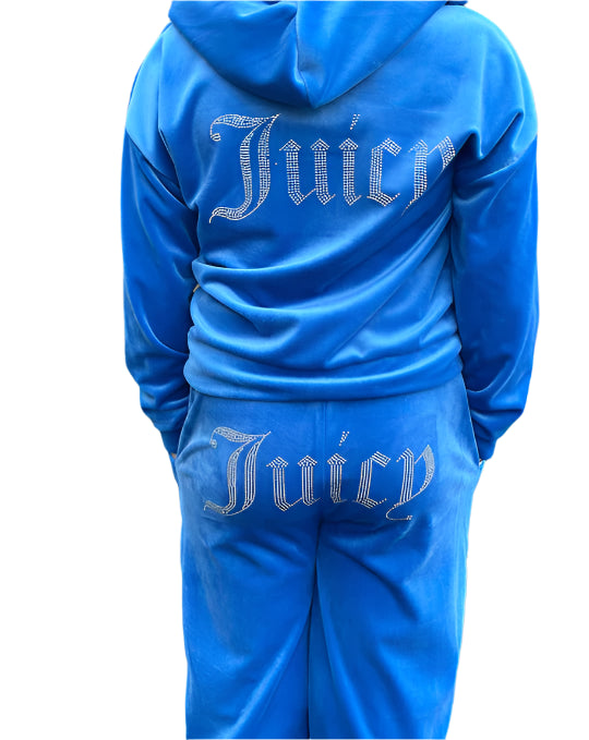 Girls Juicy Velour Tracksuit- Zip And Hooded Jacket- Cuffed Sleeves And Bottoms- Blue