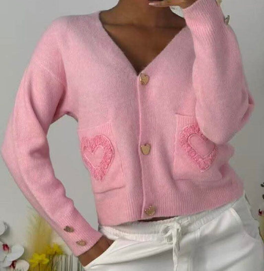 Women's Cardigan With Heart On Pocket With Gold Heart Buttons