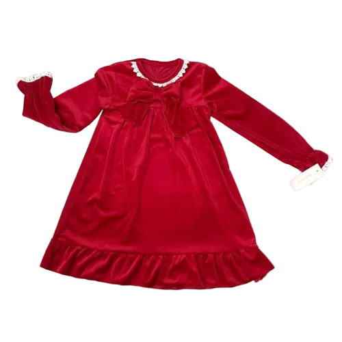 Girl's Red Velvet Bow Smock Dress