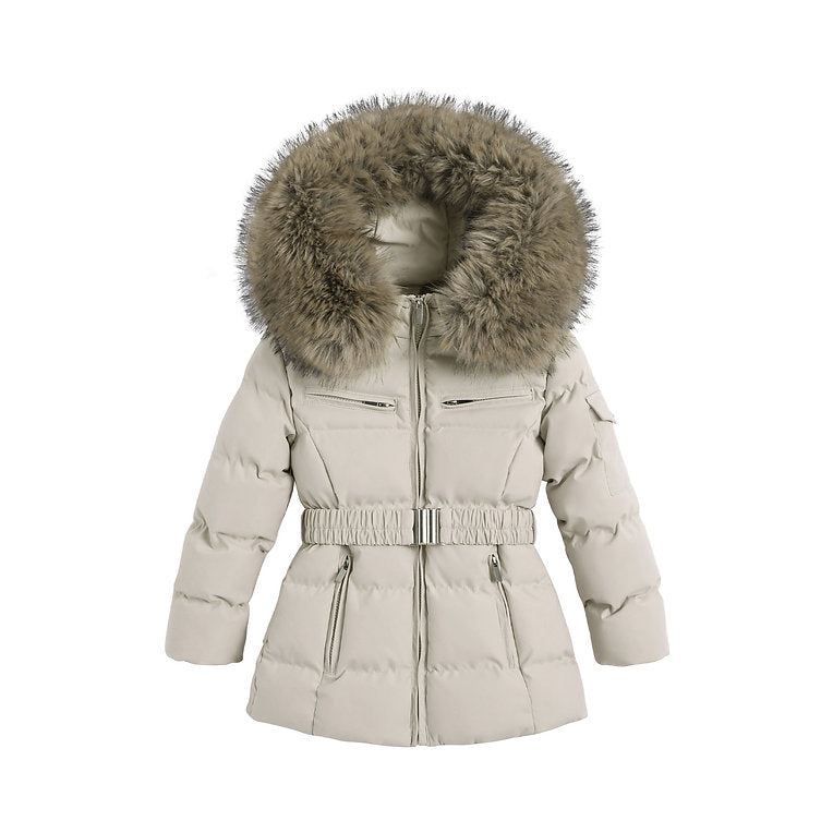 Girls Large Faux Fur Trim Hooded Coat- Black or Beige- 1 to 5 Years