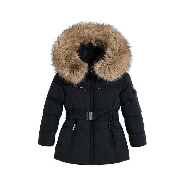 Girls Large Faux Fur Trim Hooded Coat- Black or Beige- 1 to 5 Years