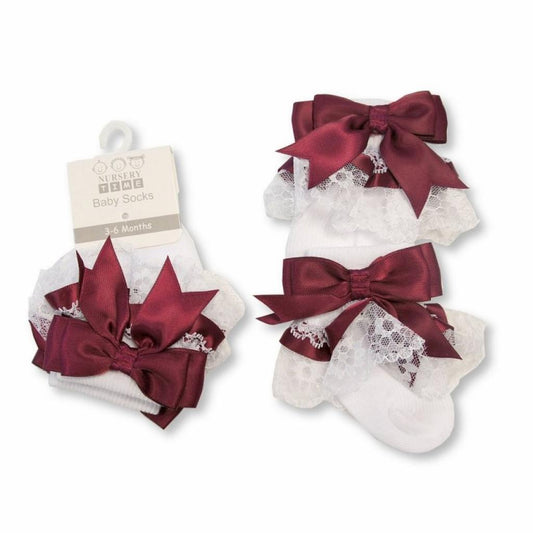 Girls Burgundy Frilly Satin Bow Socks 0-18M