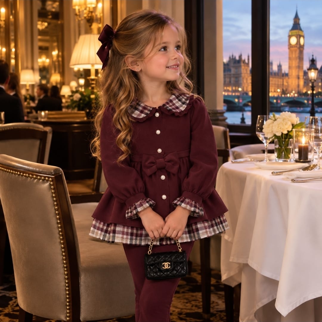 Girls Burgundy Lounge Wear Set With Tweed Trim And Bow Front