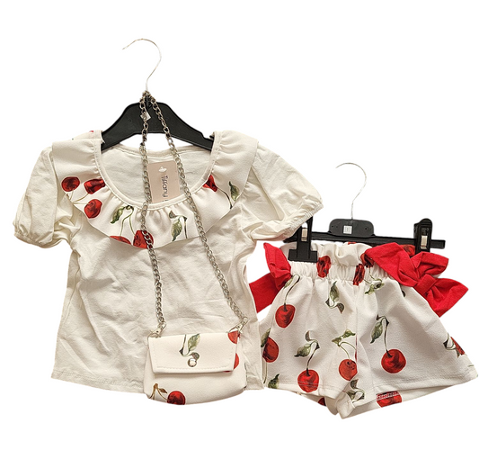 Girls Cherry & Bow With Bag Shorts Set- Peter Pan Collar.