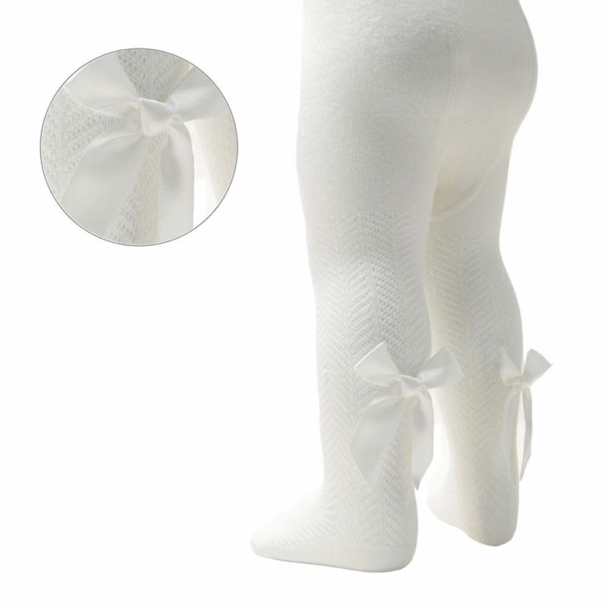 Girls Cream Chevron Knit Bow Tights NB-24M