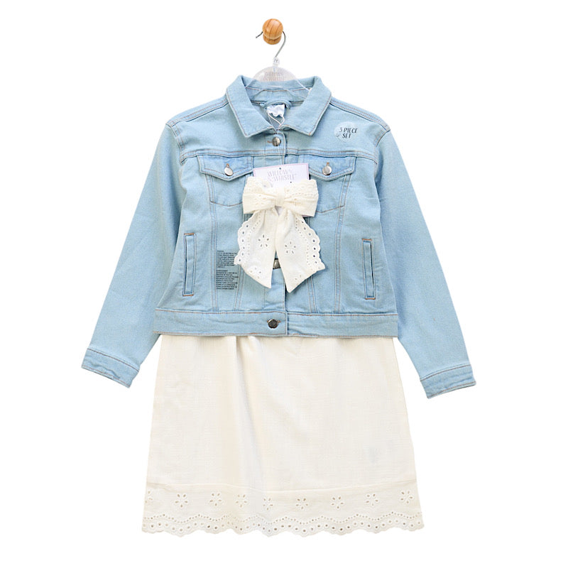 Girls Denim Jacket and Ivory Dress Set