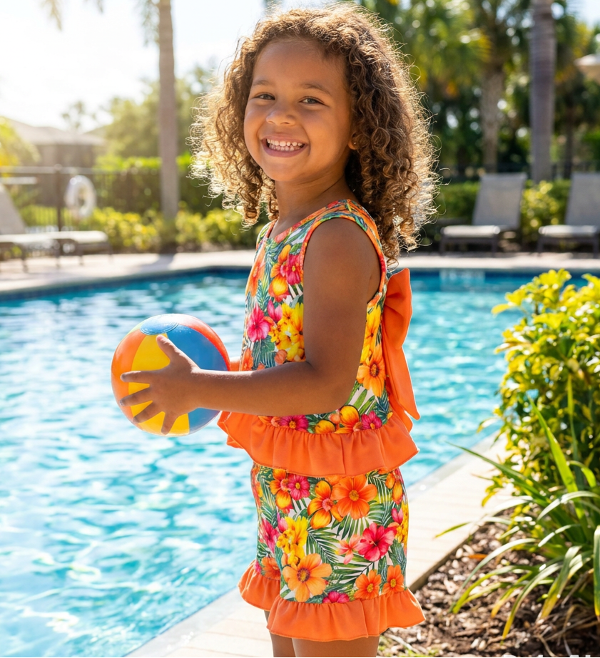 Girls Flower Bow Top & Shorts Set- Orange