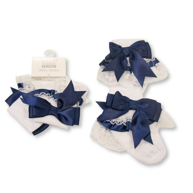 Girls Navy Blue Frilly Satin Bow Socks 0-18M