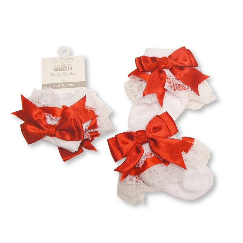 Girls Red Frilly Satin Bow Socks 0-18M