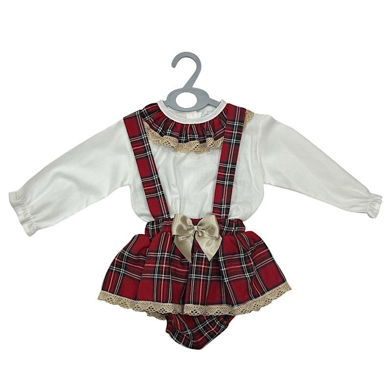 Girls Red Tartan Frill Gold Bow Dress Set