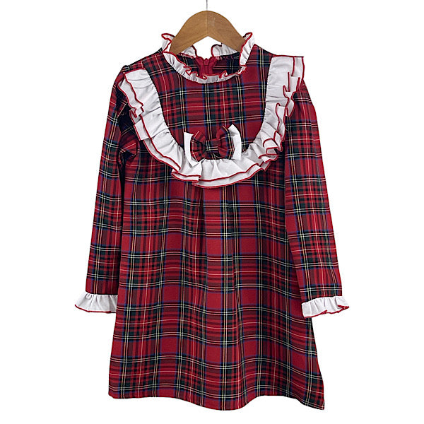 Girls Red Tartan White Ruffle Frill Bow Christmas Dress 2-8 years