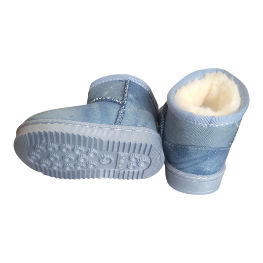 Pair of denim children's boots with white faux fur lining