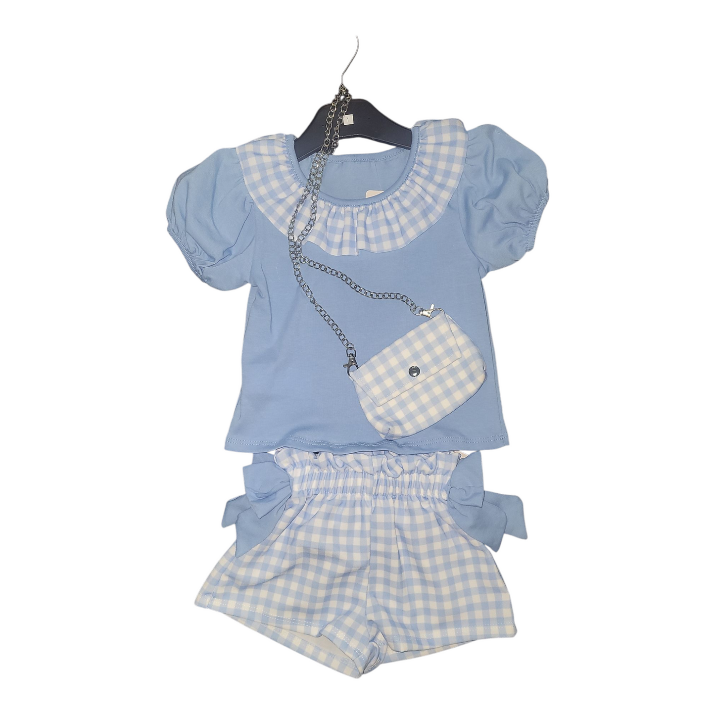 Girl's Gingham Shorts Set & Bag- Sky Blue