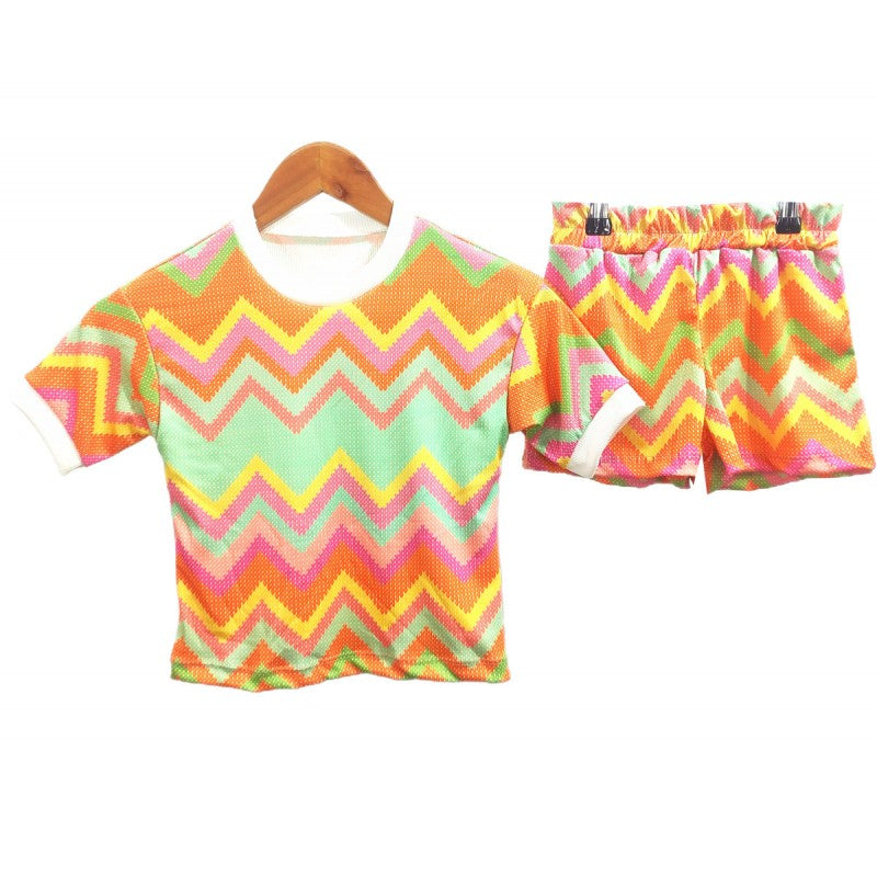 Girl's Zigzag T-Shirt and Shorts Set- Orange- Ages 4 to 14 Years