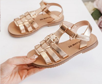 Girls Follow Me Strappy Sandal With Gold Buckle- Black, White, Gold