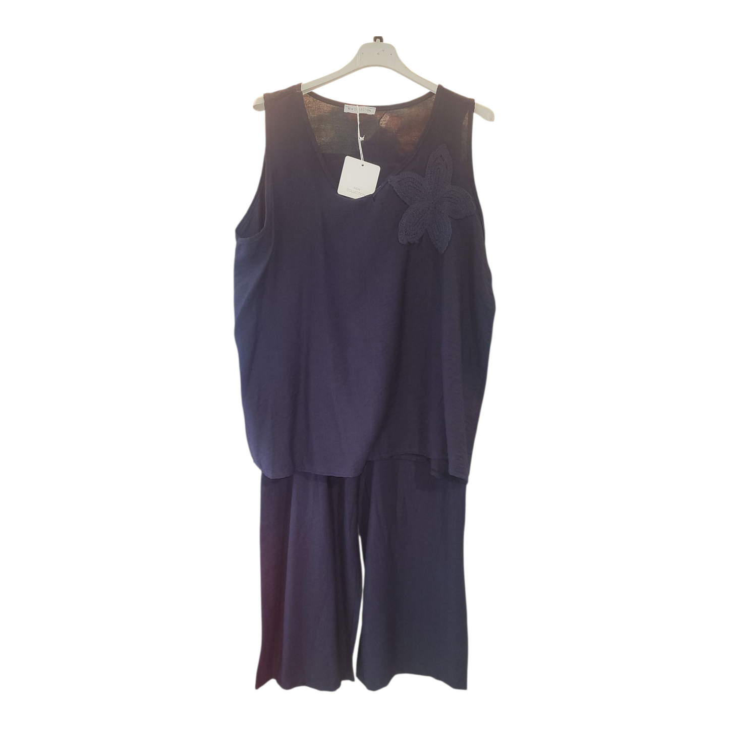 Women's Vest Top With Stitched Flower & Wide Bottom Trouser Lounge Wear Set-One Size