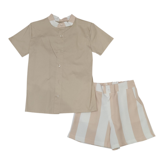 Boys Italian Styled Shorts and Collarless Shirt Set- Sky Blue or Beige