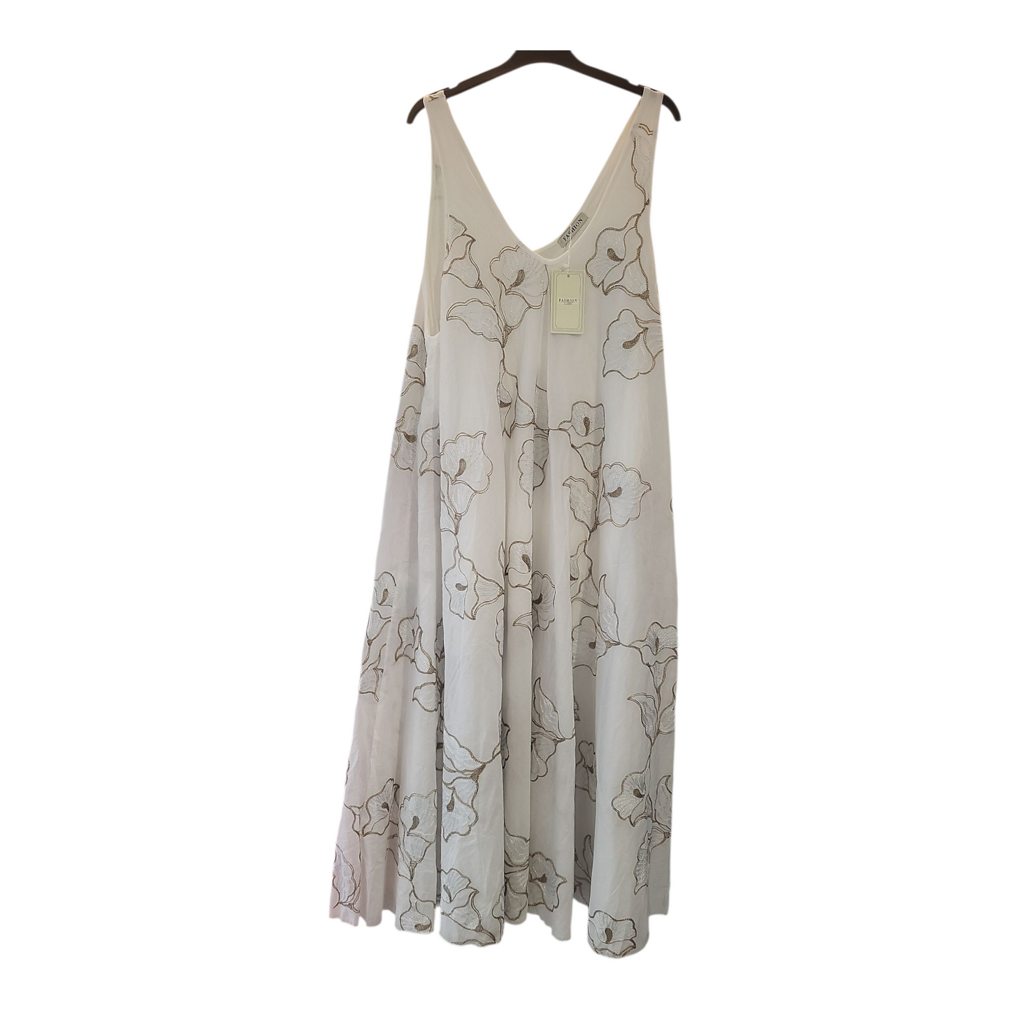 Women's Long Sleeveless Dress Ivory White- Gold & White Stitched Floral Pattern- One Size