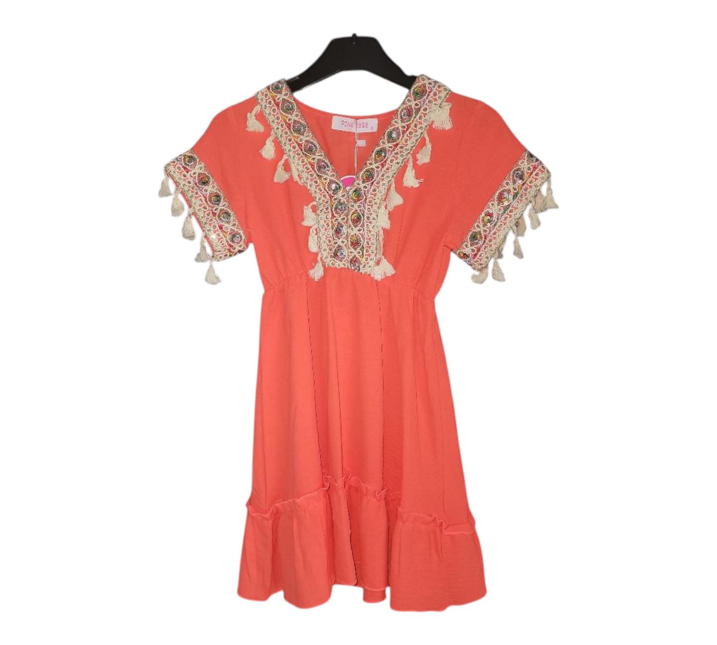 Girl's Boho Midi Dress With Gold Tassel and Mirror Motif Applique Neckline And Cap Sleeves- Orange