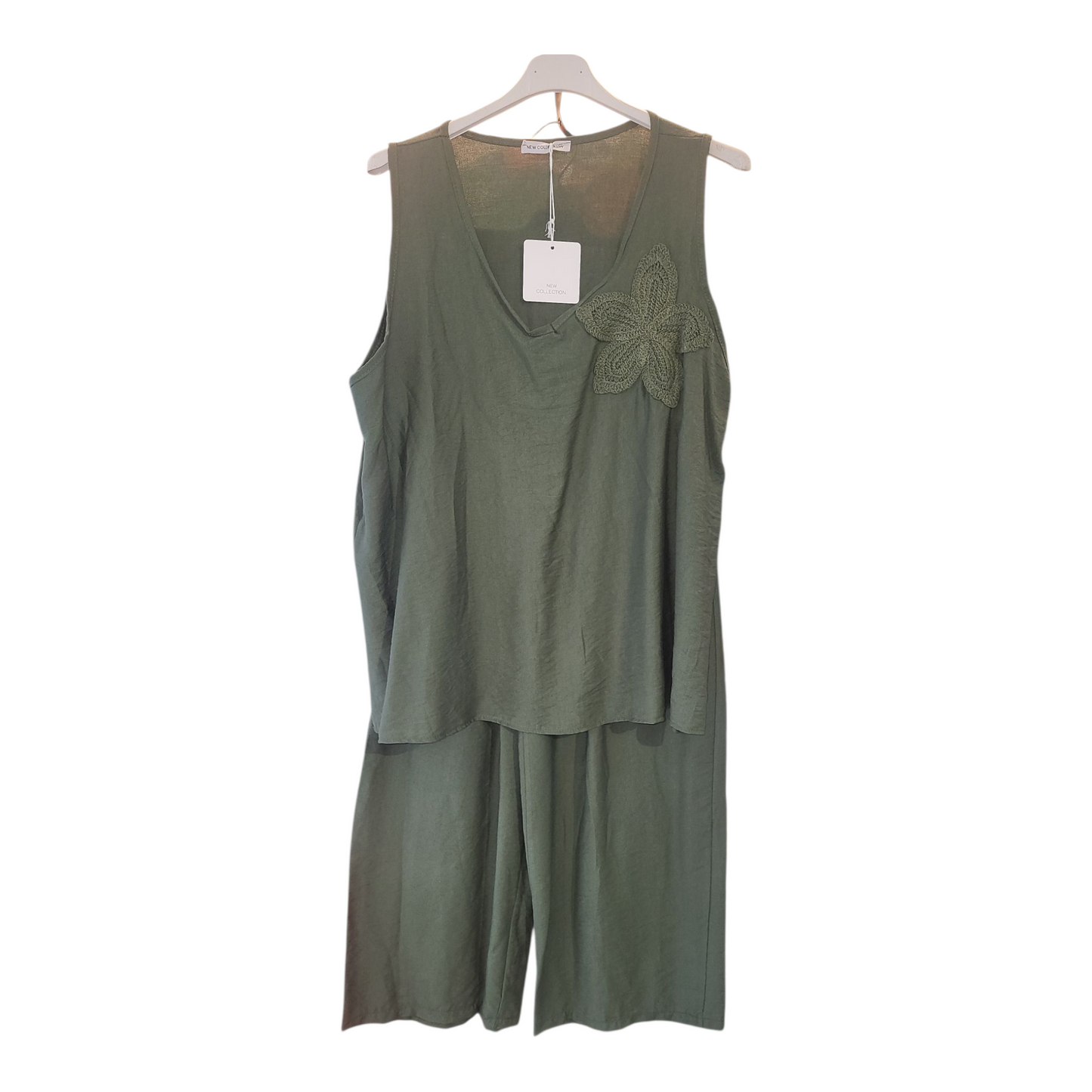 Women's Vest Top With Stitched Flower & Wide Bottom Trouser Lounge Wear Set-One Size