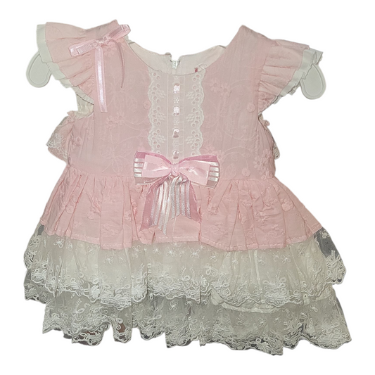 Baby Girls Layered Frill Bow Dress- Baby Blue or Pink- Ages 0-24 Months