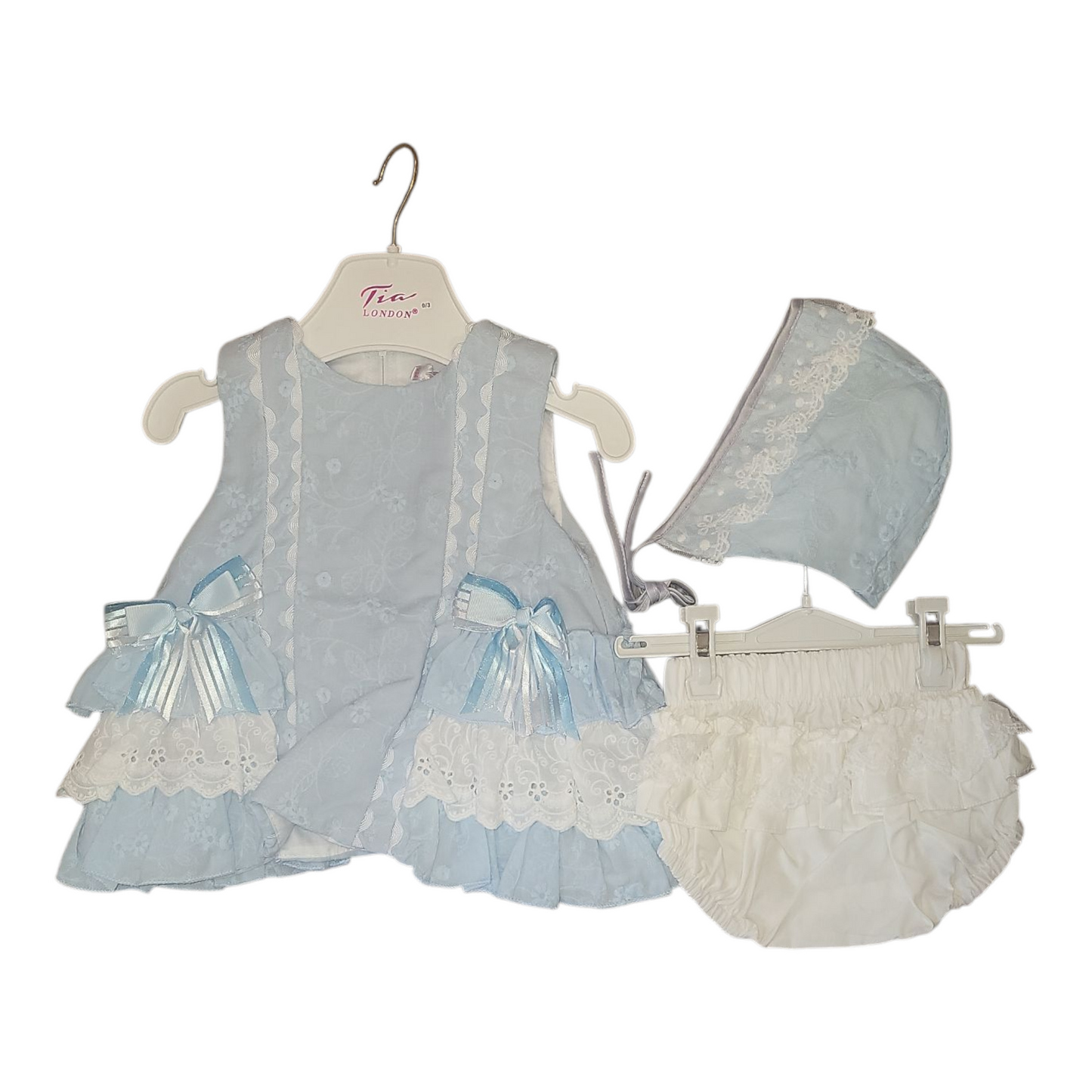 Baby Girls Short Sleeve Frilly Bow Dress With Bonnet & Knickers- Sky Blue
