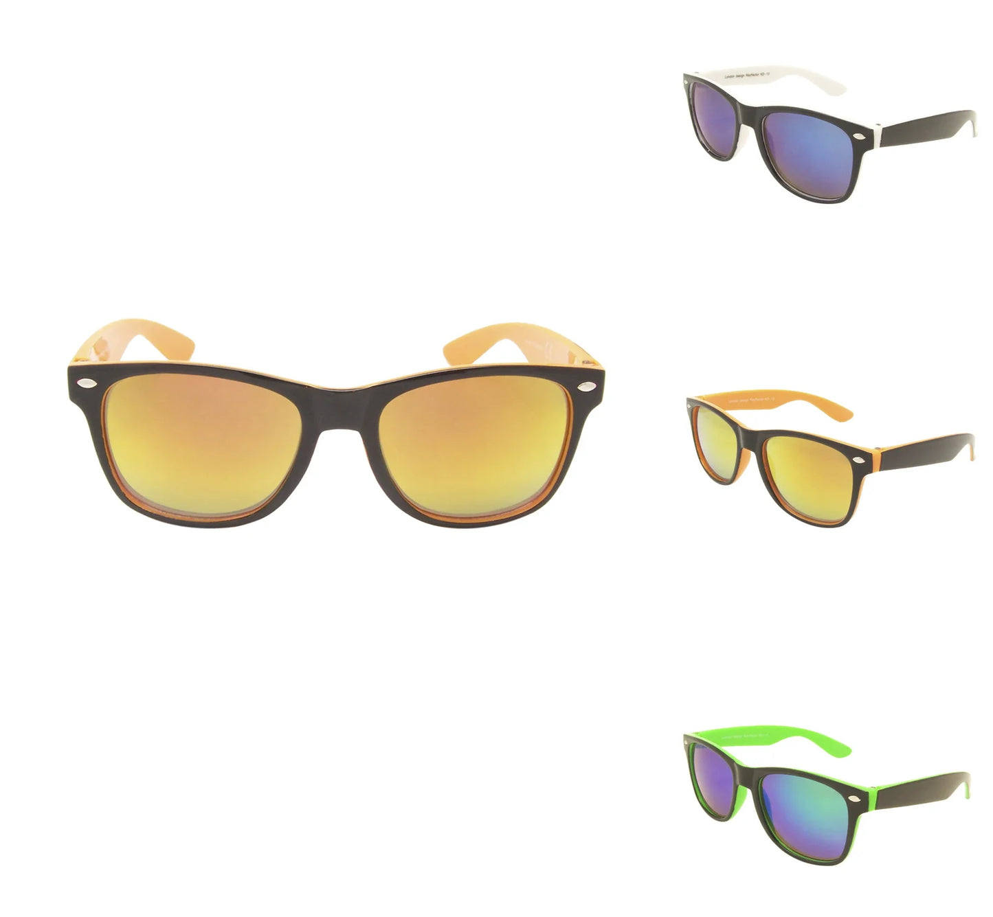 Childrens Wayfarer Style Sunglasses, 2 Tone Coloured Frame- Mirrored Lens- UV400 Protection- Various Colours