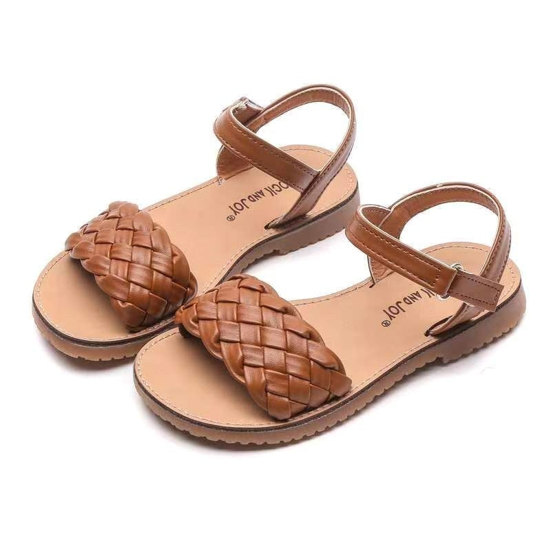 Girls Khaki Leather Plait Strap Sandals- Sizes 19-36 EU
