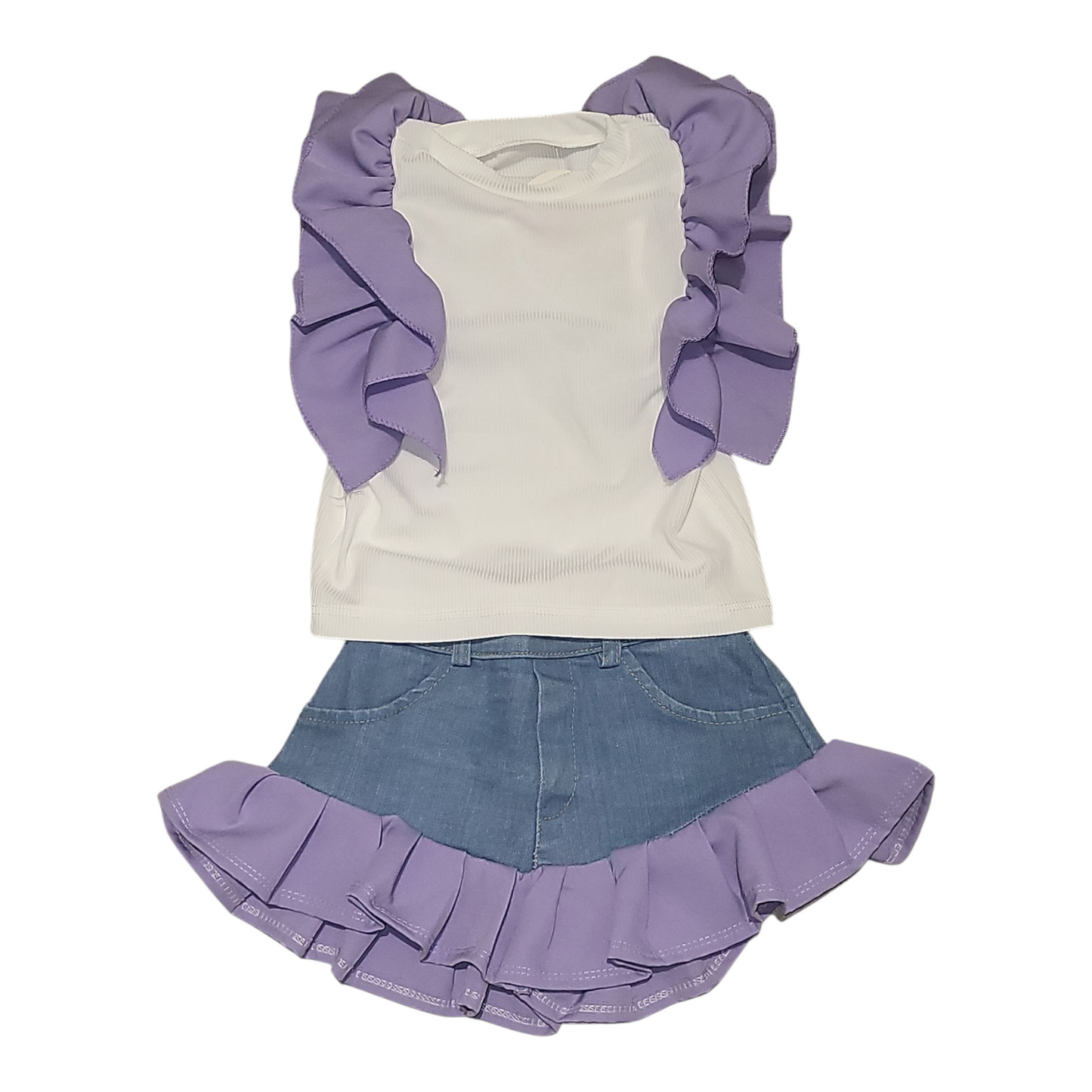 Girls Ruffled Sleeveless Top & Denim Shorts Set- Pink, Lilac & Beige