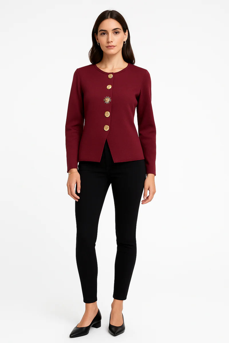 Women's Crimson Cardigan with Gilded Accents