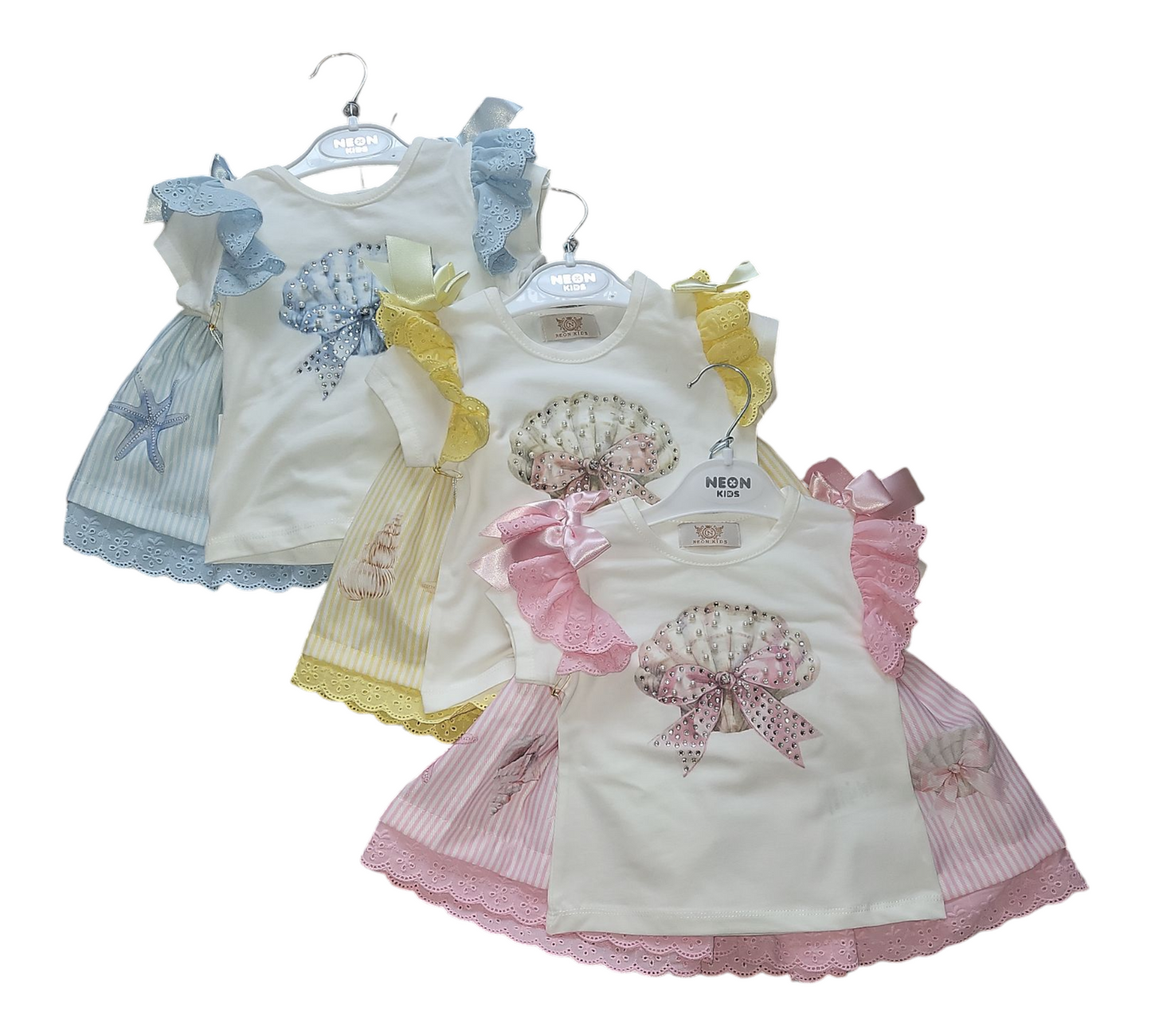 Girl's T-Shirt And Skirt Set- Shell & Starfish Print With Diamante Detailing- Various Colours