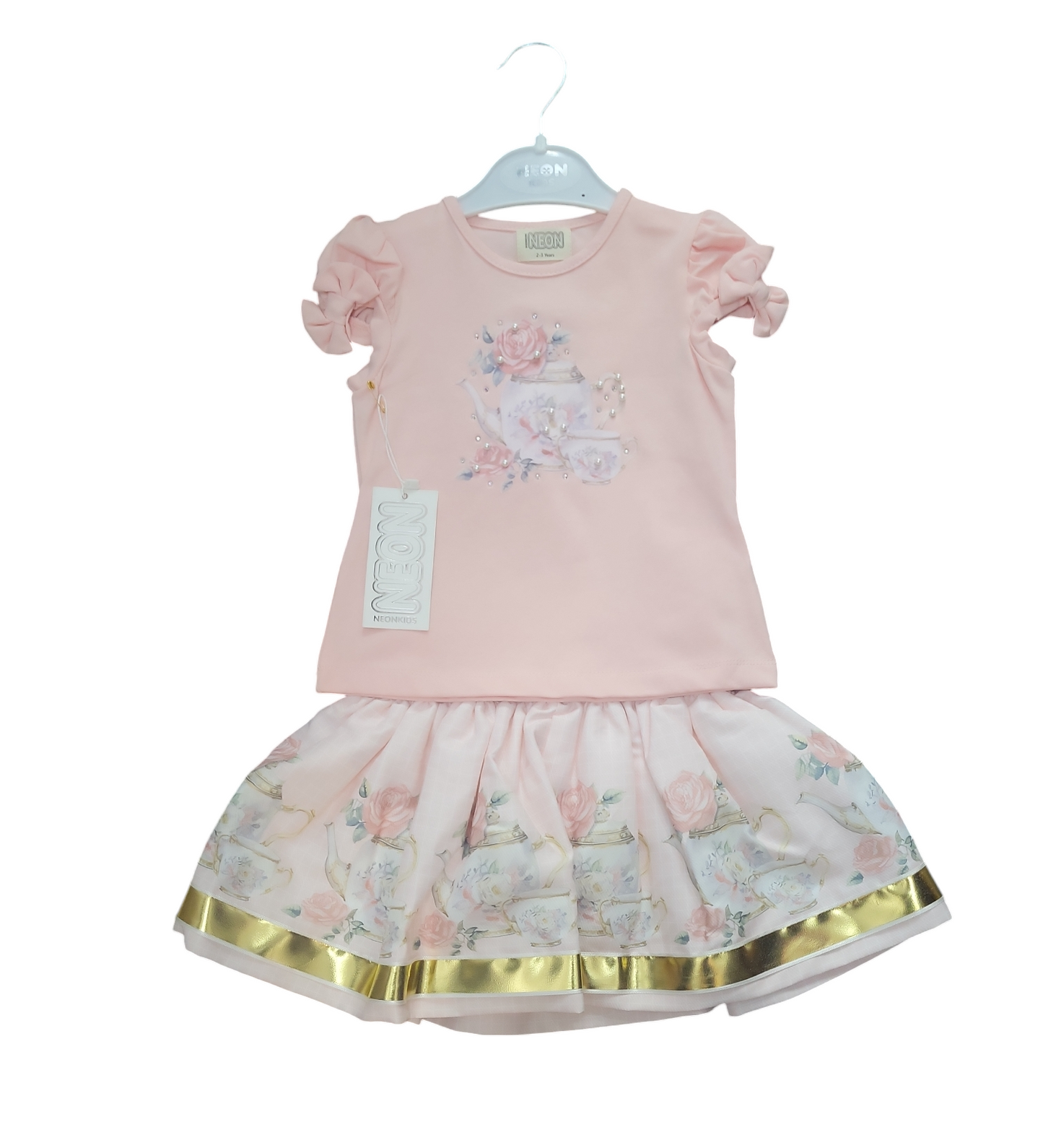 Girls Printed T-shirt And Printed Skirt Set- Pink/Gold