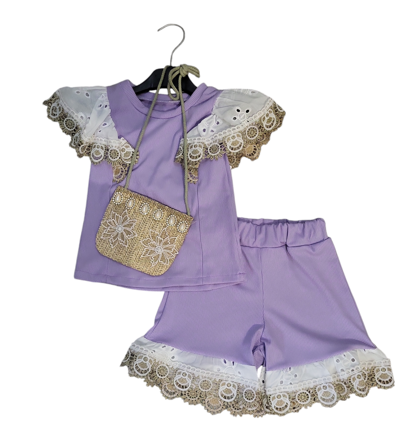 Girls Shorts And T-Shirt Set- Lilac With White And Gold Lace Trim