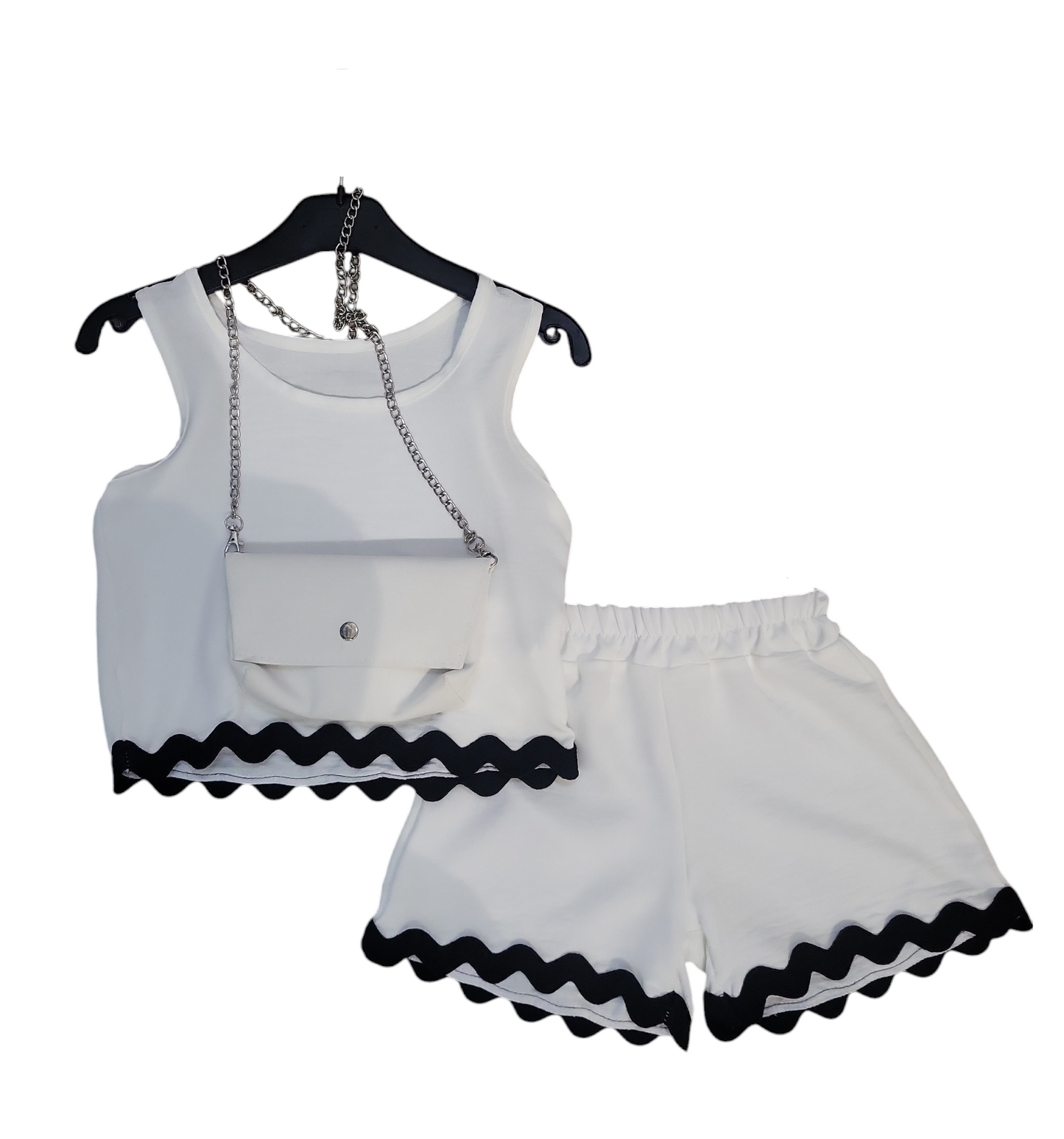 Girls Shorts And Vest Top With Matching Bag- White With Black Trim