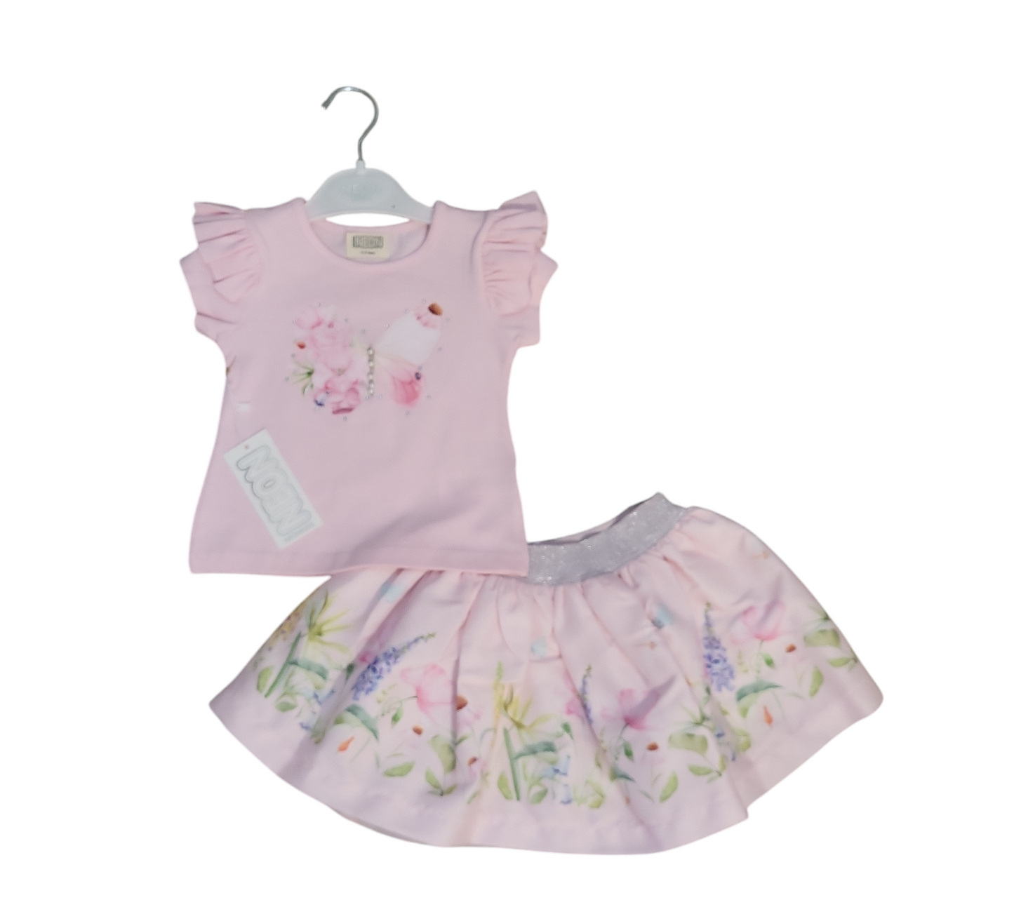 Girls Skirt and T-Shirt Set- Butterfly And Flower Print- Pink