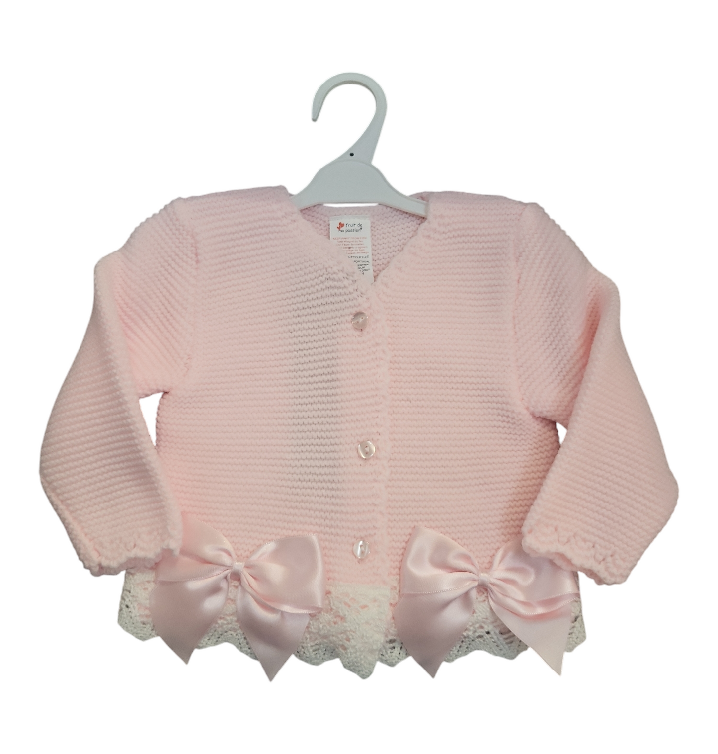 Girls Bow Cardigan With Lace Trim- Pink