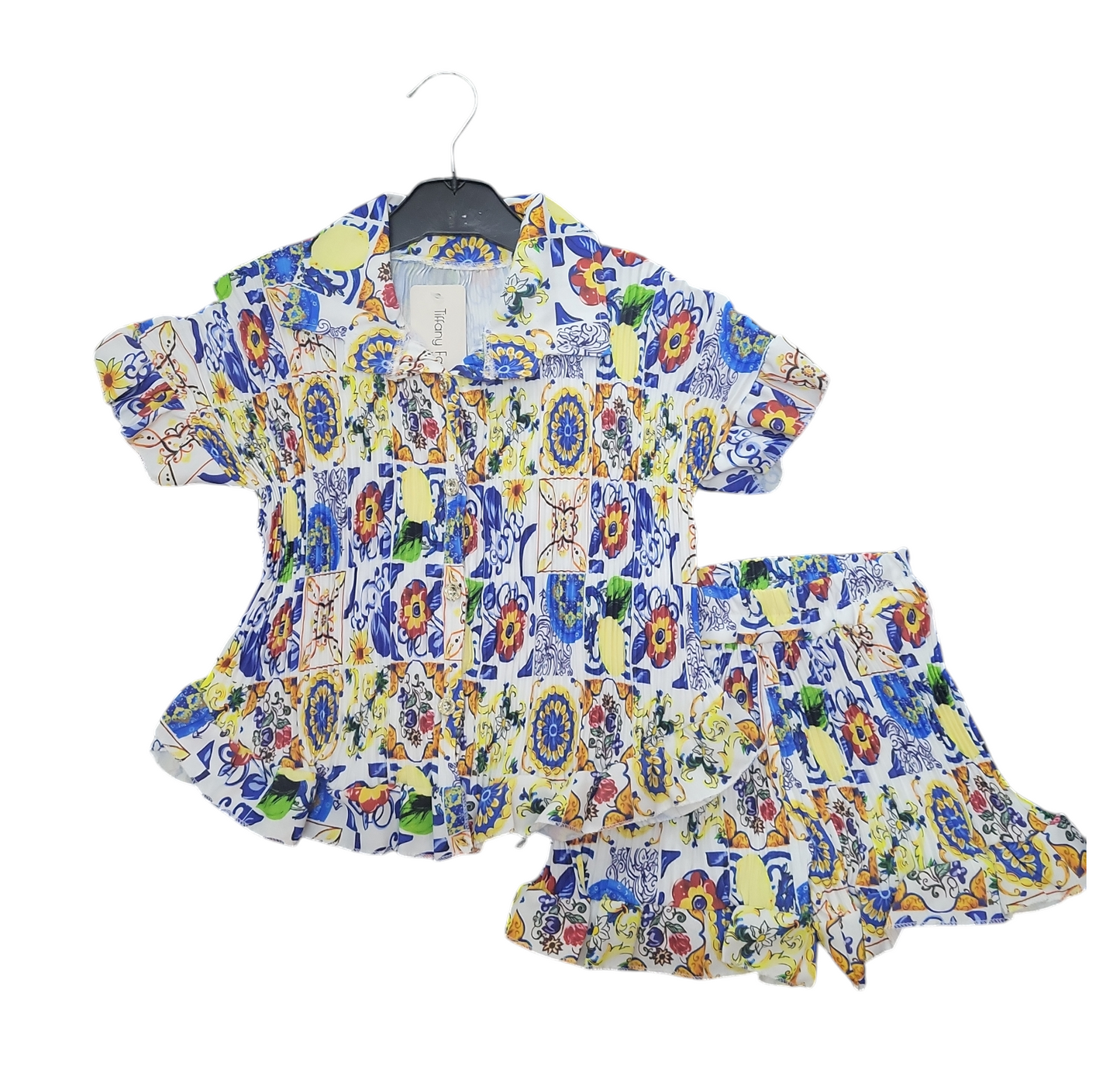Girls Pleated Flower Print Blouse And Short Set- Multi-Coloured