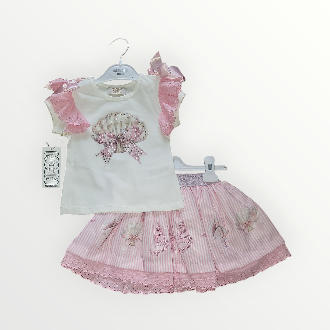 Girl's T-Shirt And Skirt Set- Shell & Starfish Print With Diamante Detailing- Various Colours
