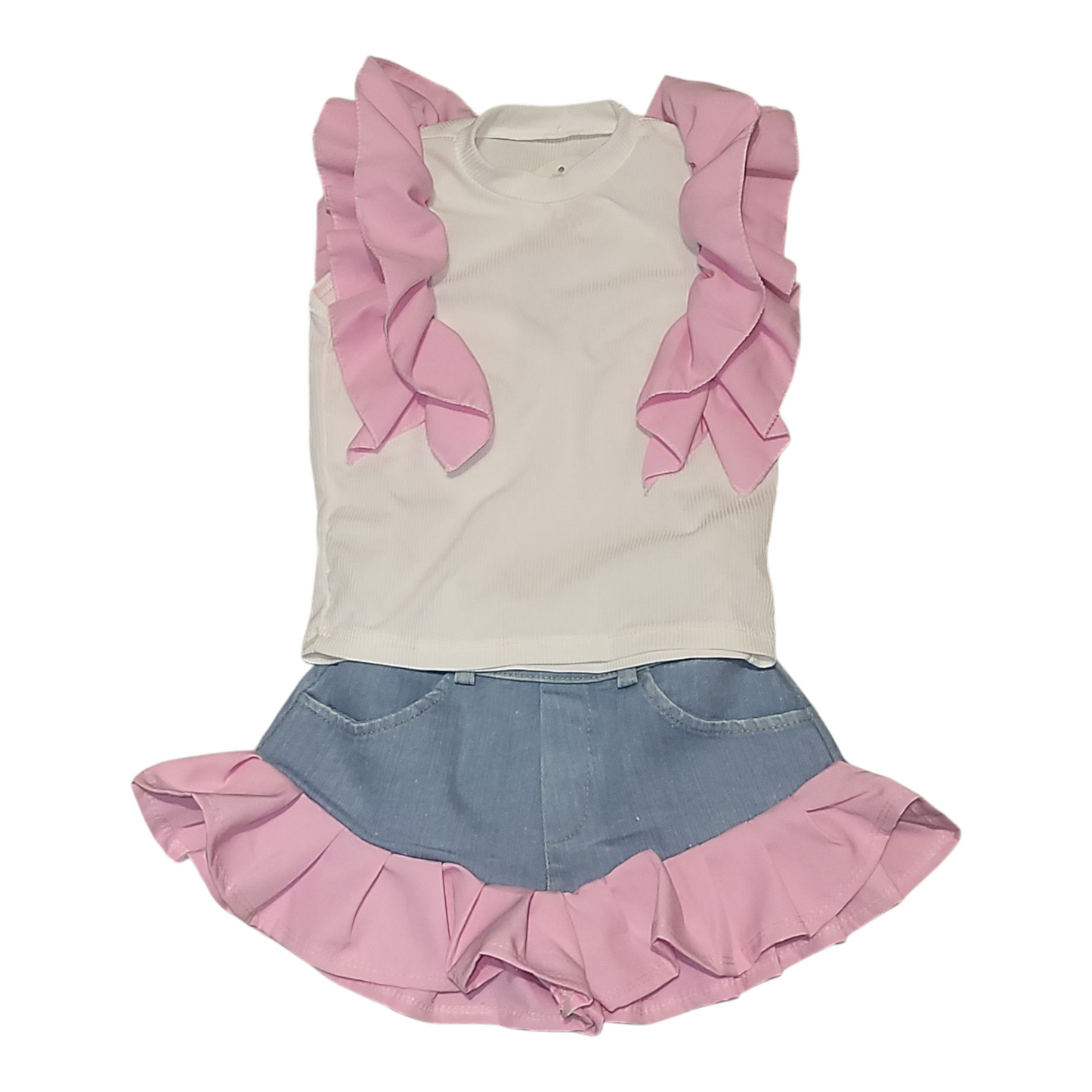Girls Ruffled Sleeveless Top & Denim Shorts Set- Pink, Lilac & Beige