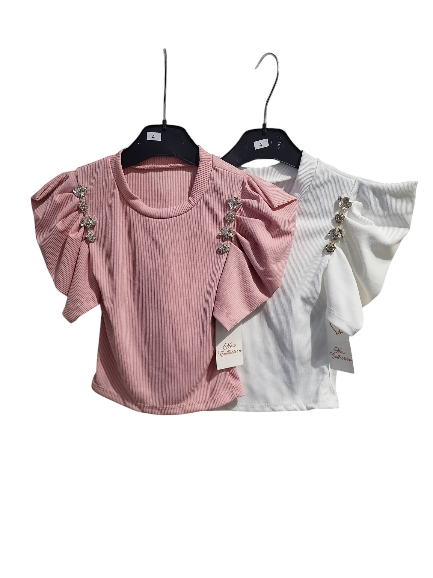 Girls Fine Ribbed Short Sleeve Top With Diamante Detailing- White or Pink
