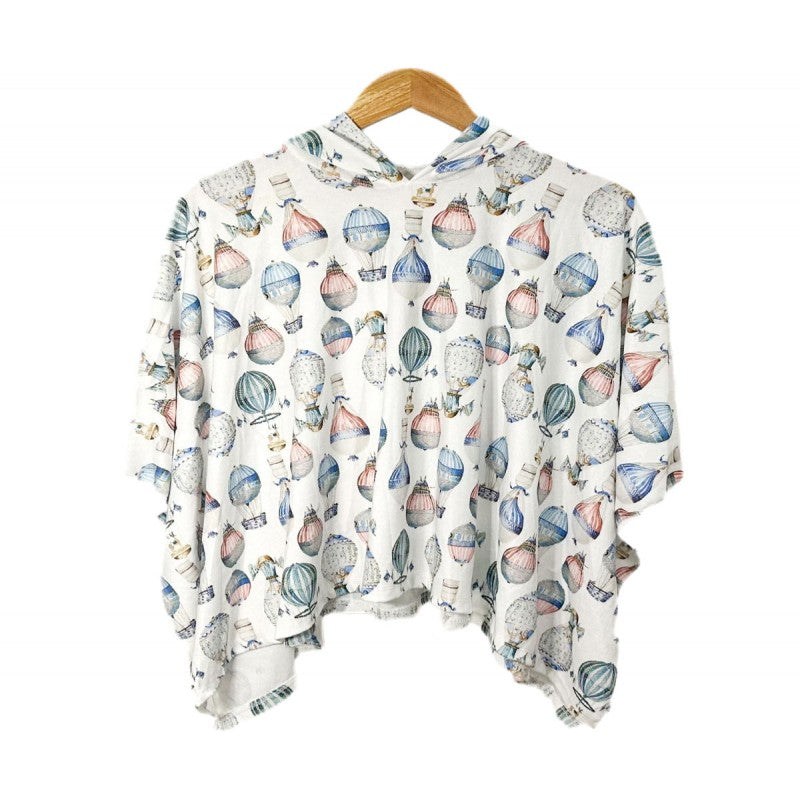 Girls Italian Styled Hooded Towelling Poncho- White With Hot Air Balloons